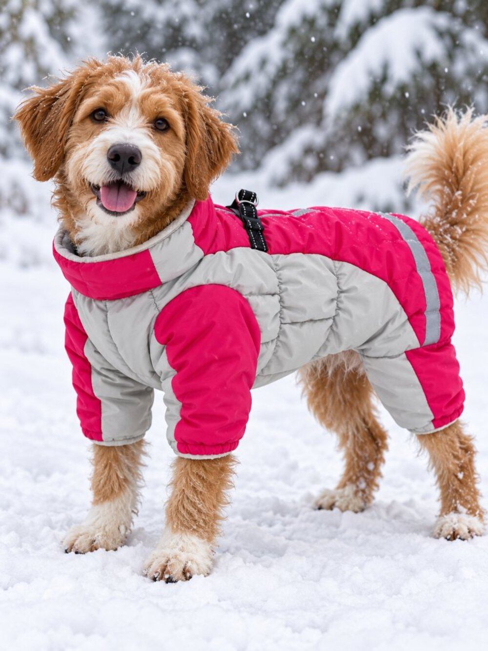 Pink & Gray Full-Body Dog Winter Coat Medium | Fleece Lined | Reflective